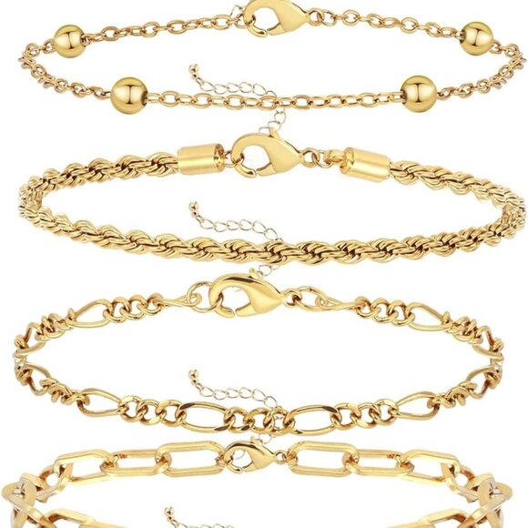 Gold Bracelet Set Women 14K Gold-Plated Waterproof Dainty Layered Jewelry - Picture 2 of 8